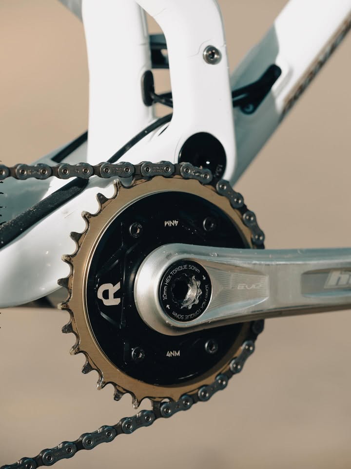 Close-up of Rimpact Chain Damper  attached to a white bicycle frame.