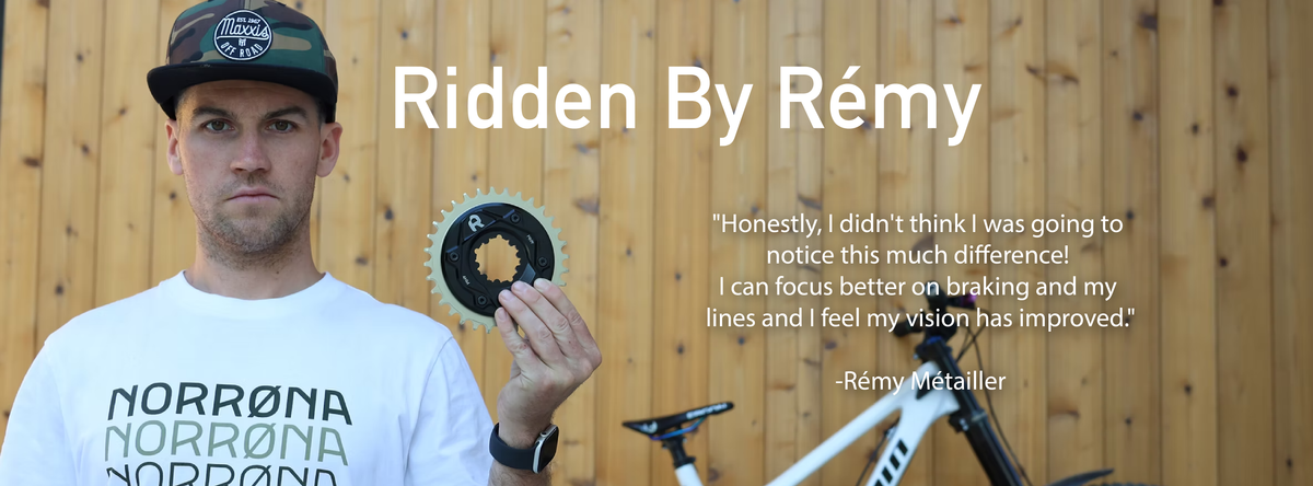 Mountain Biker Remy metailer holding the Chain Damper reading 'Ridden By Rémy' and a quote overlaid on the image.
