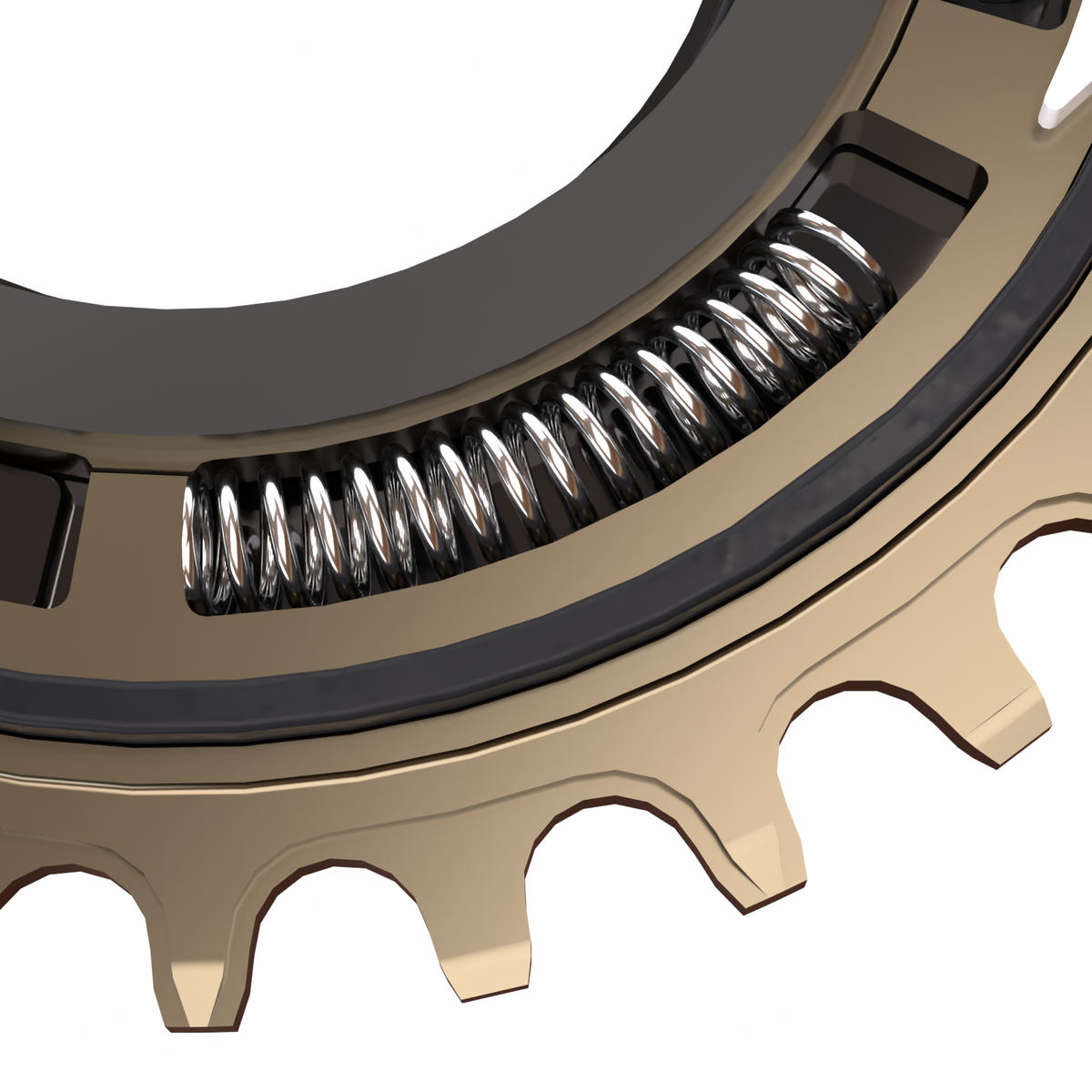 Close-up of a the inside of the rimpact chain damper showing the silver coil spring inside a black and gold-toned housing, shown on a white background.
